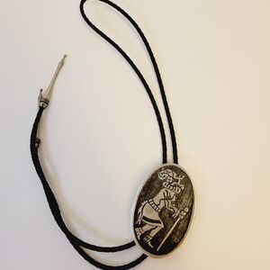 Vintage Pewter Metal Leather Native Dancer Silhouette Bolo Tie